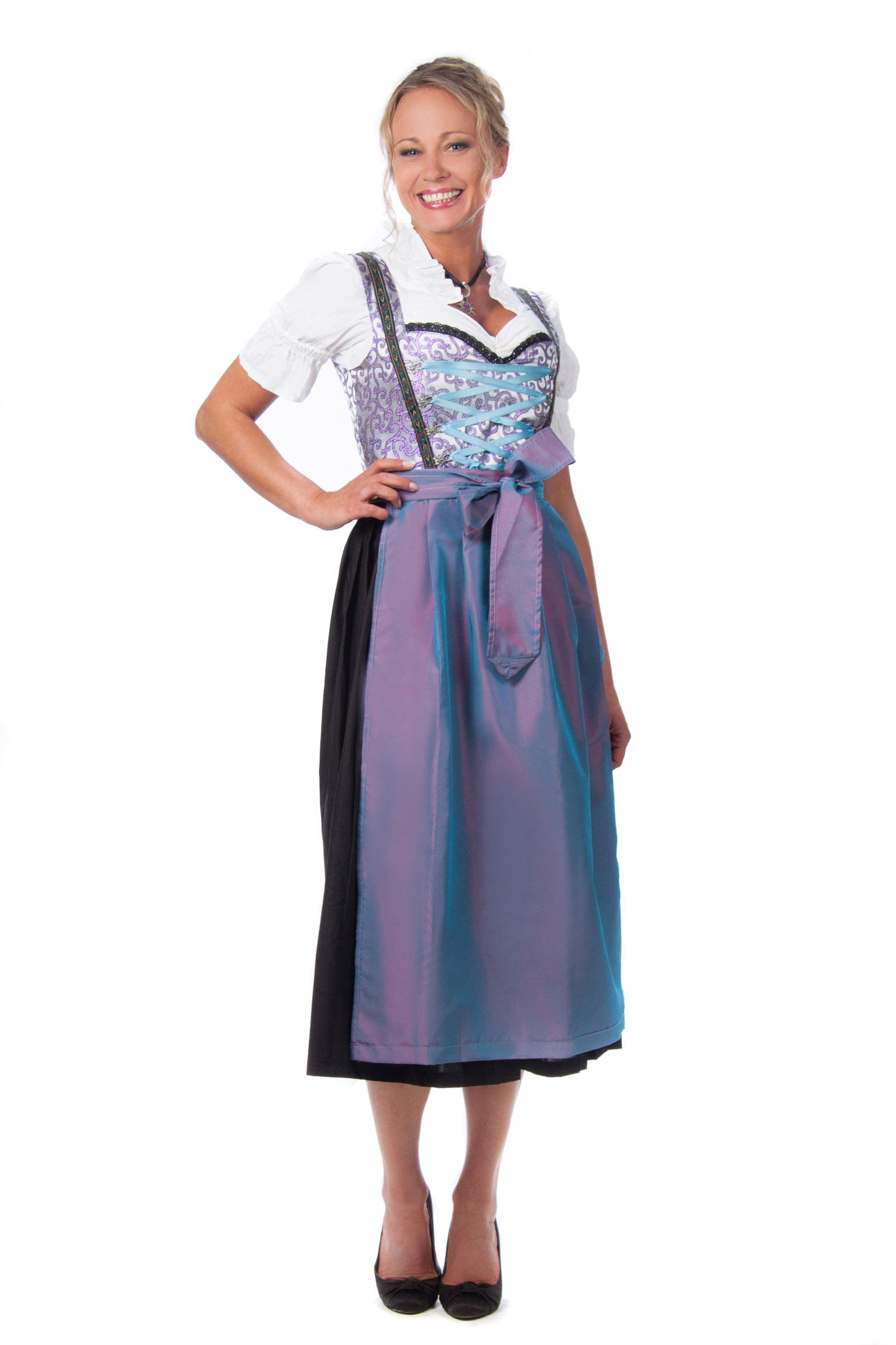 Hübsches Midi Dirndl 3-teilig blau lila