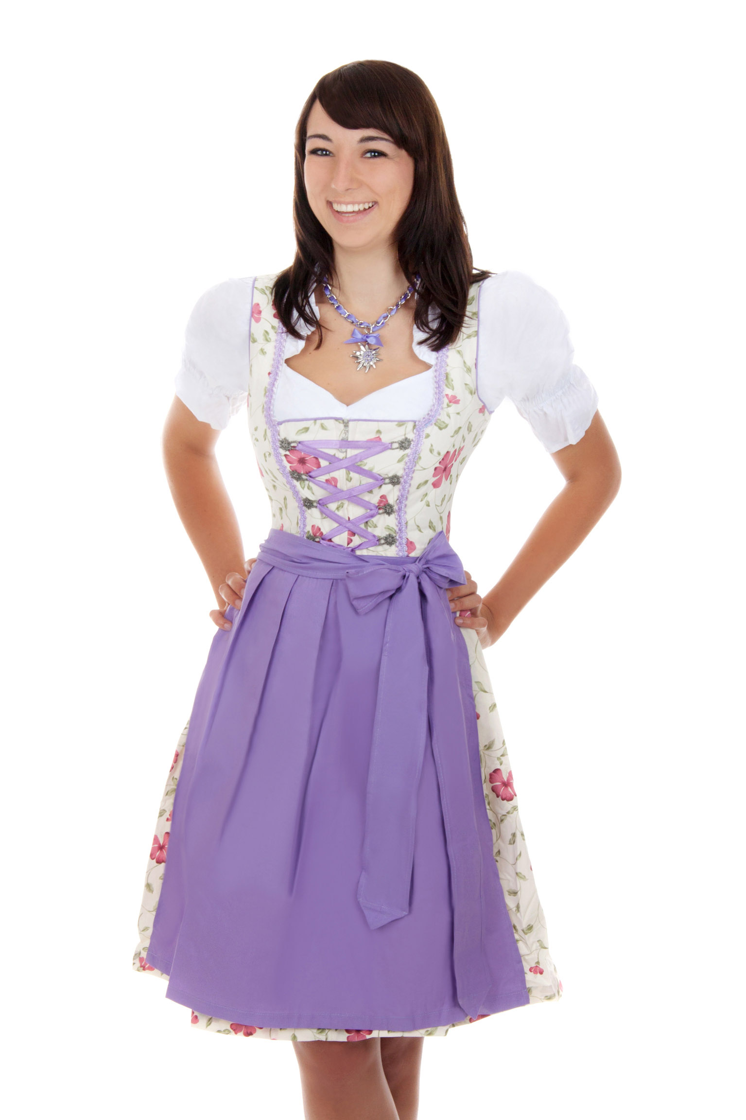 Mini Dirndl 3-teilig Blumen weiß lila
