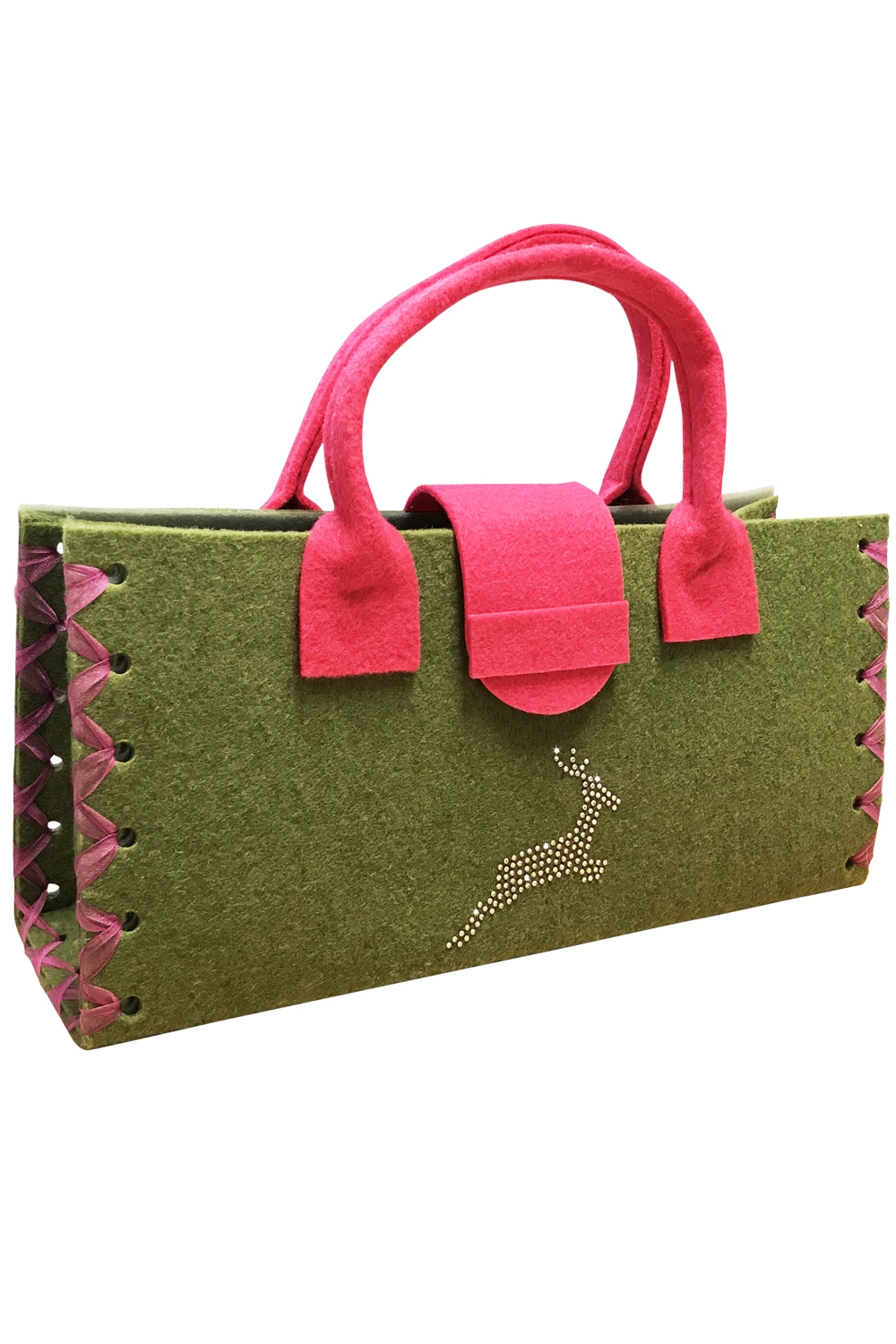 Dirndltasche Filz grün pink Hirsch länglich