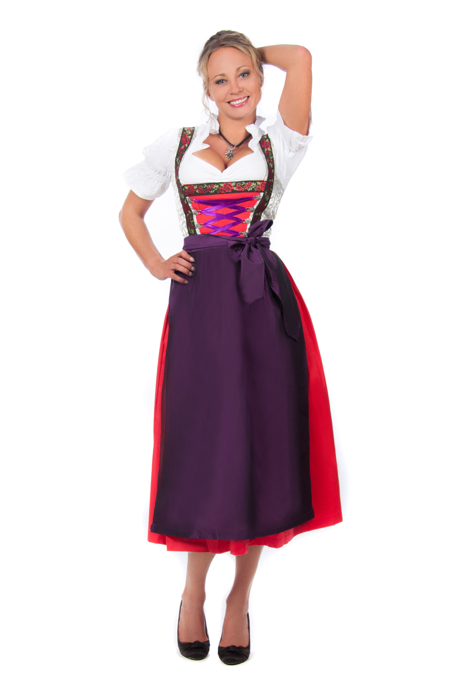 Langes Dirndl 3-teilig Trachtenkleid rot gold Rosen