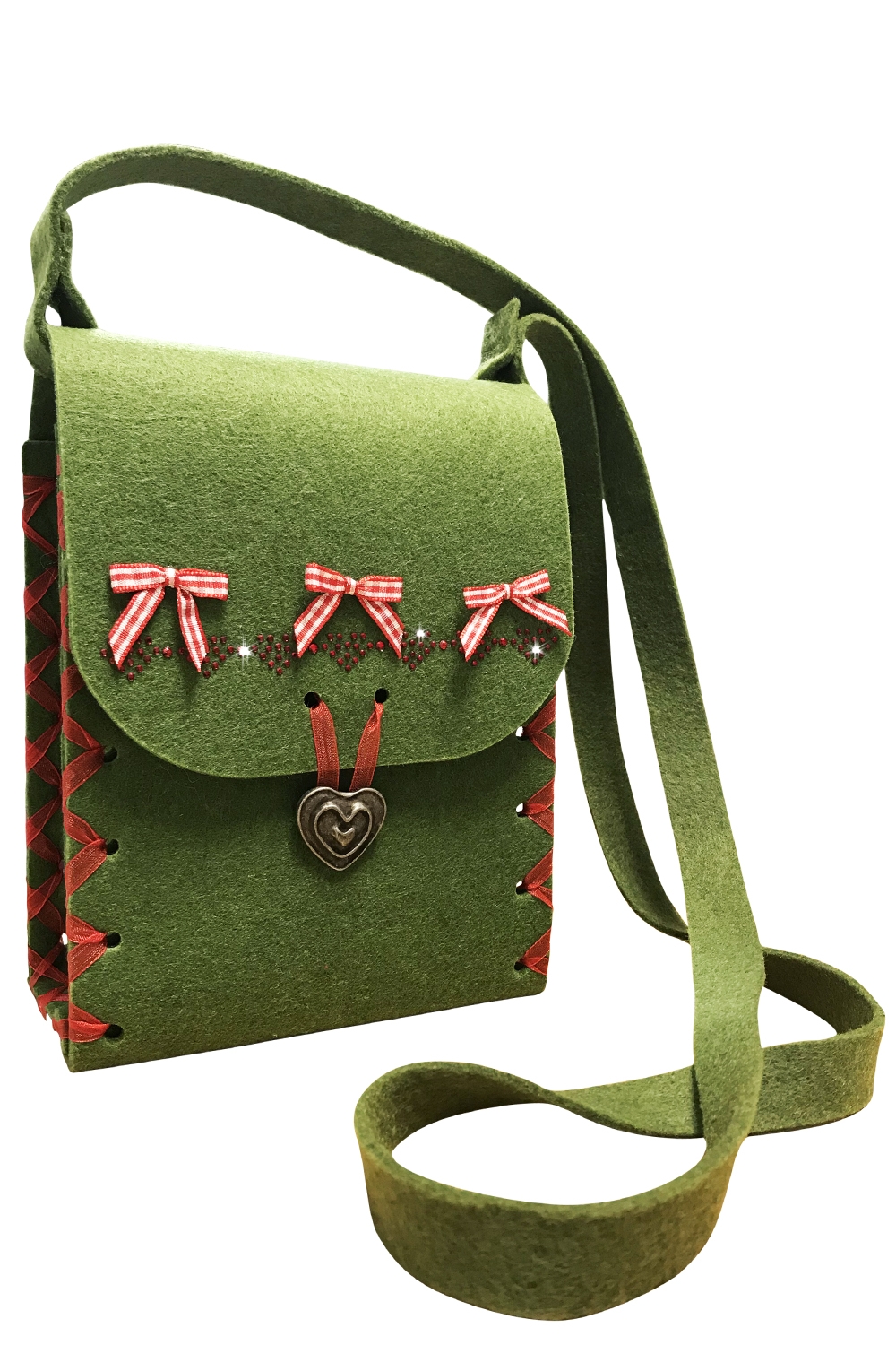 Dirndltasche Filz grün rote Schleifen