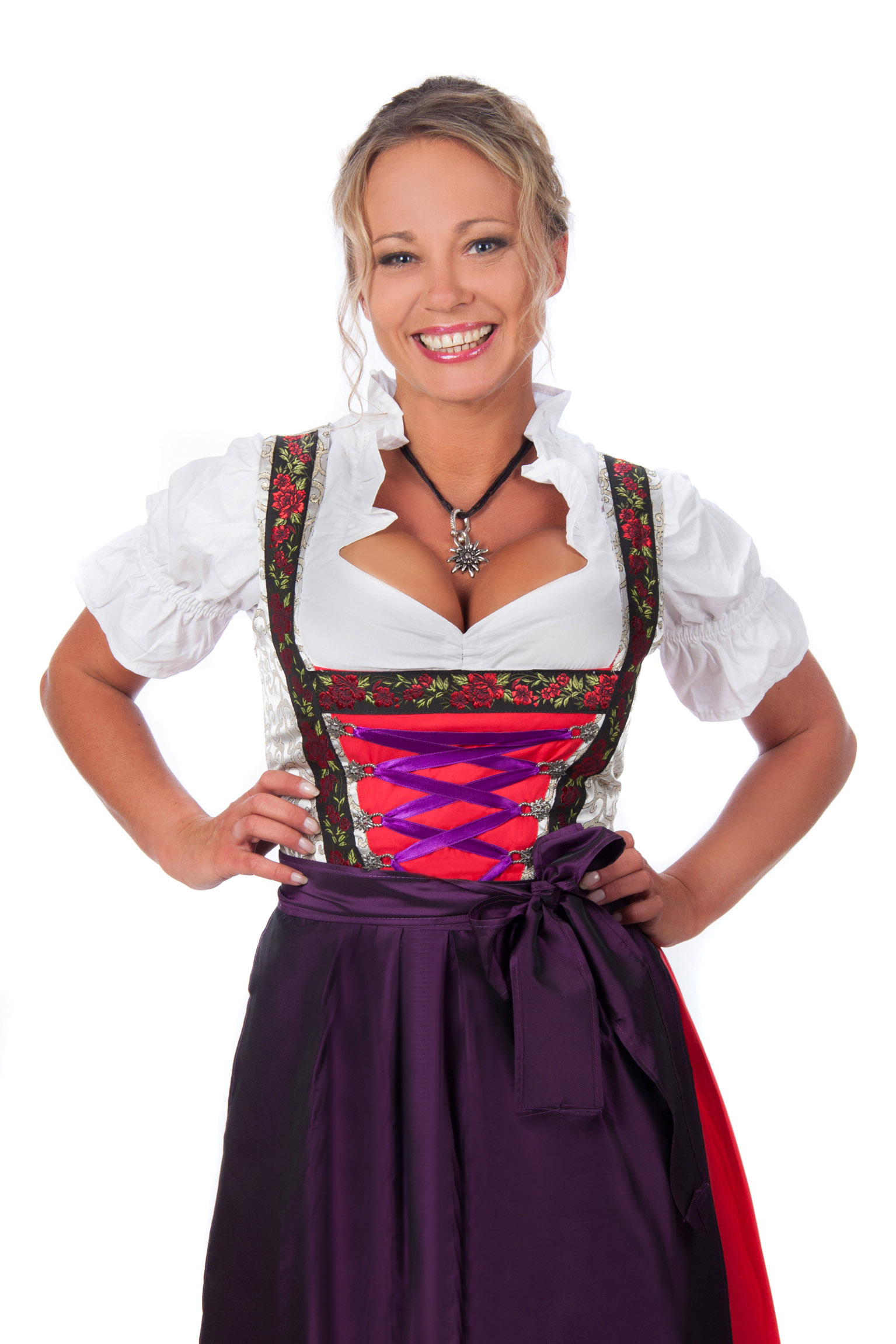 Langes Dirndl 3-teilig Trachtenkleid rot gold Rosen
