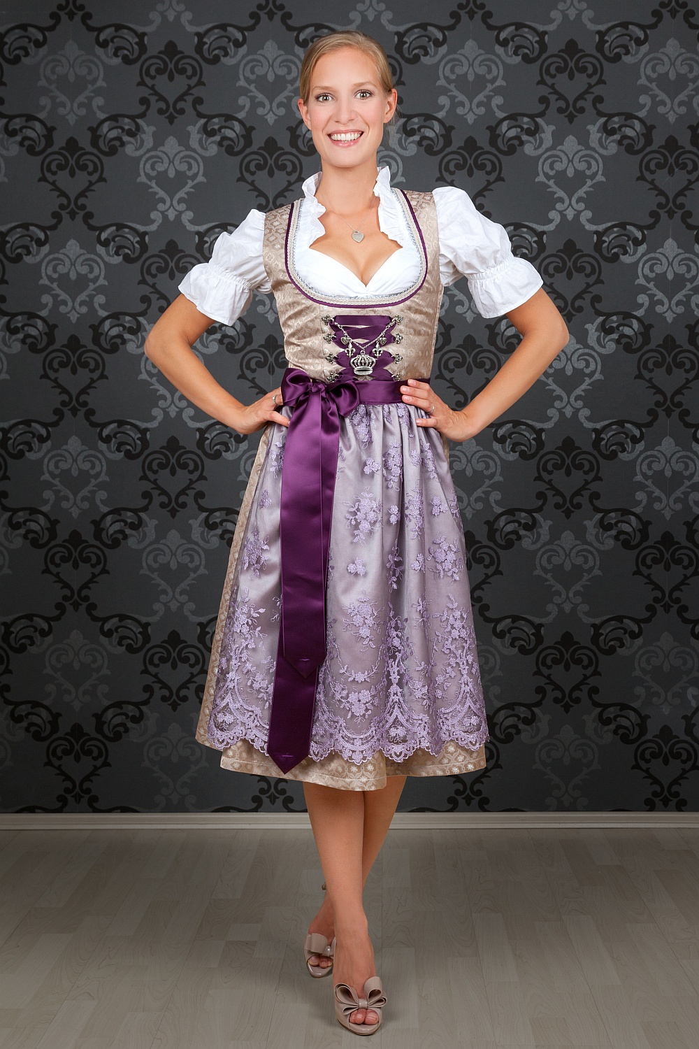 Midi Dirndl 2-teilig gold Brokat