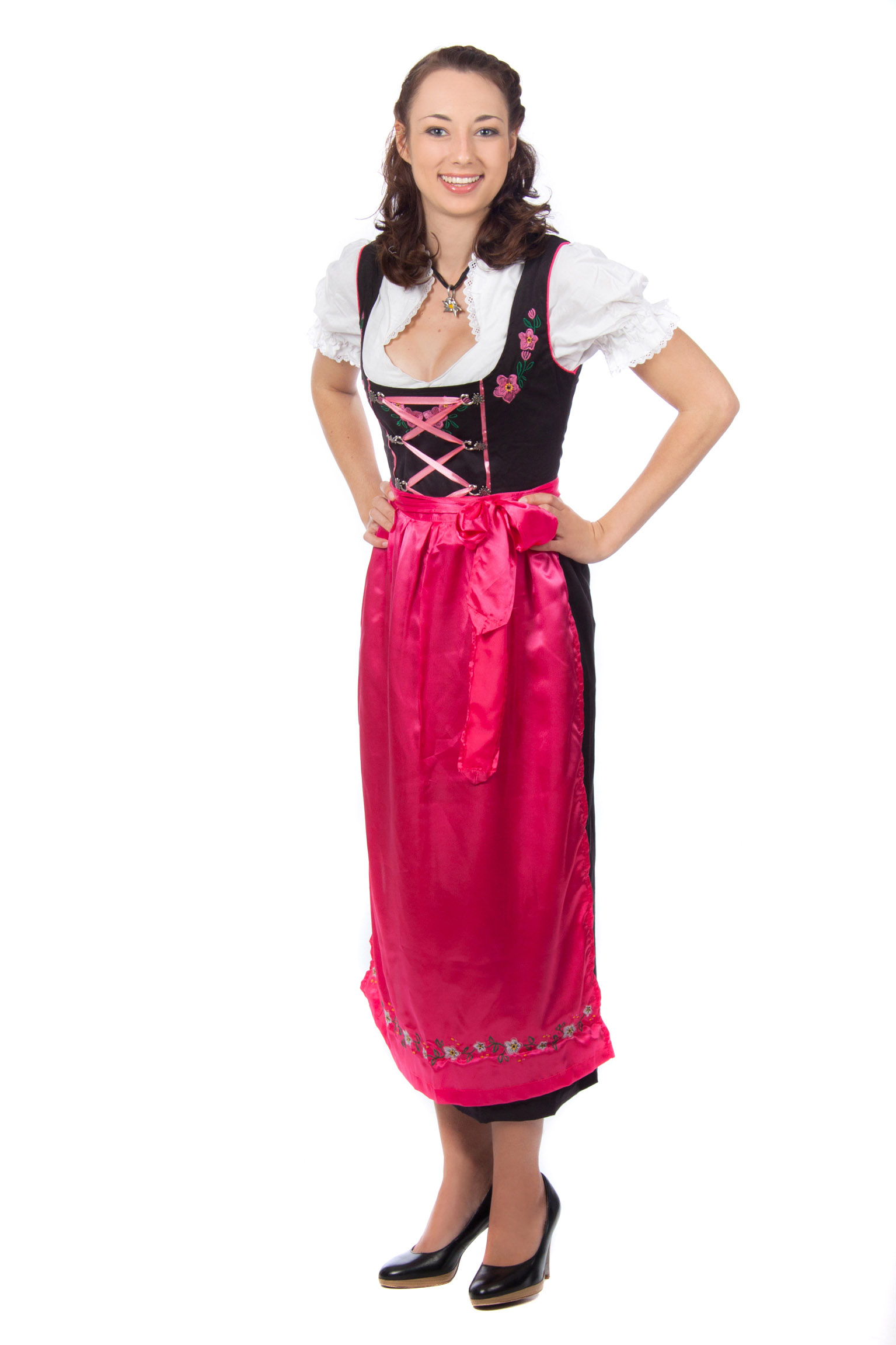 Langes Dirndl 3-teilig Trachtenkleid schwarz pink